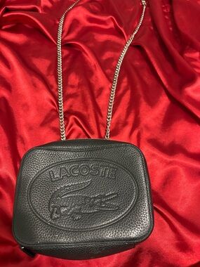 Lacoste Black Pebbled Leather Crossbody with Silver Chain